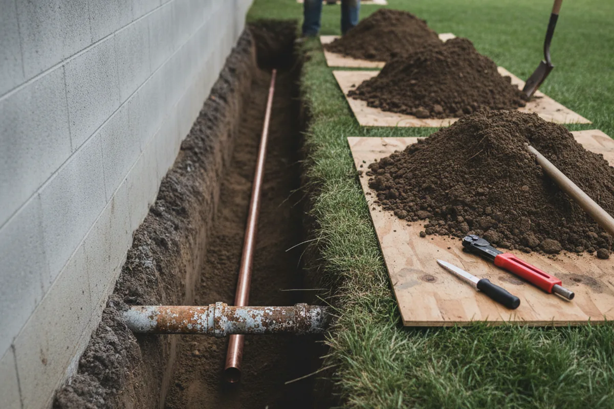 Excavated water line trench during Water Softener Installation in Eden